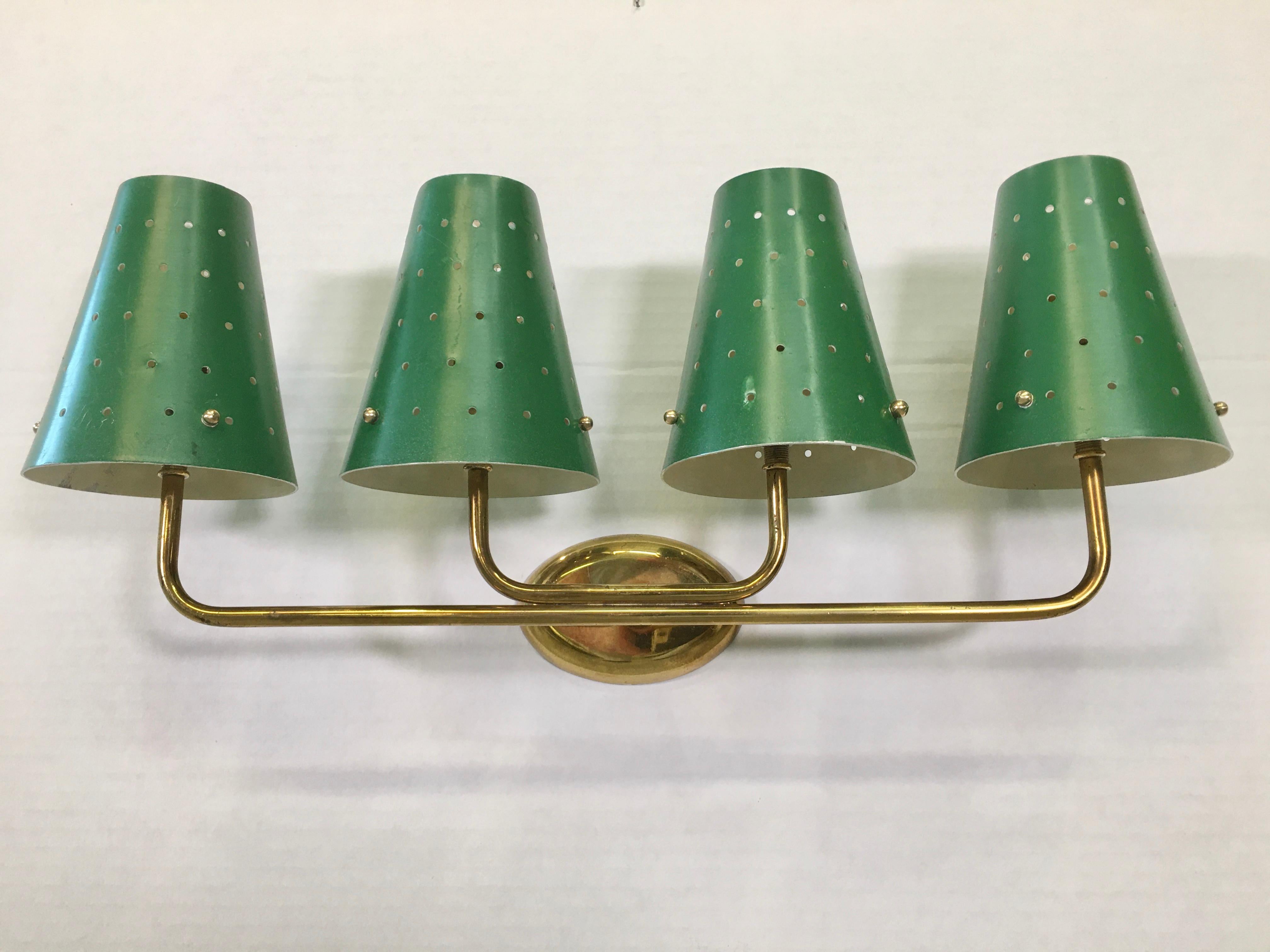 Mid-Century Modern French Four-Arm Brass Sconce with Perforated Metal Shades