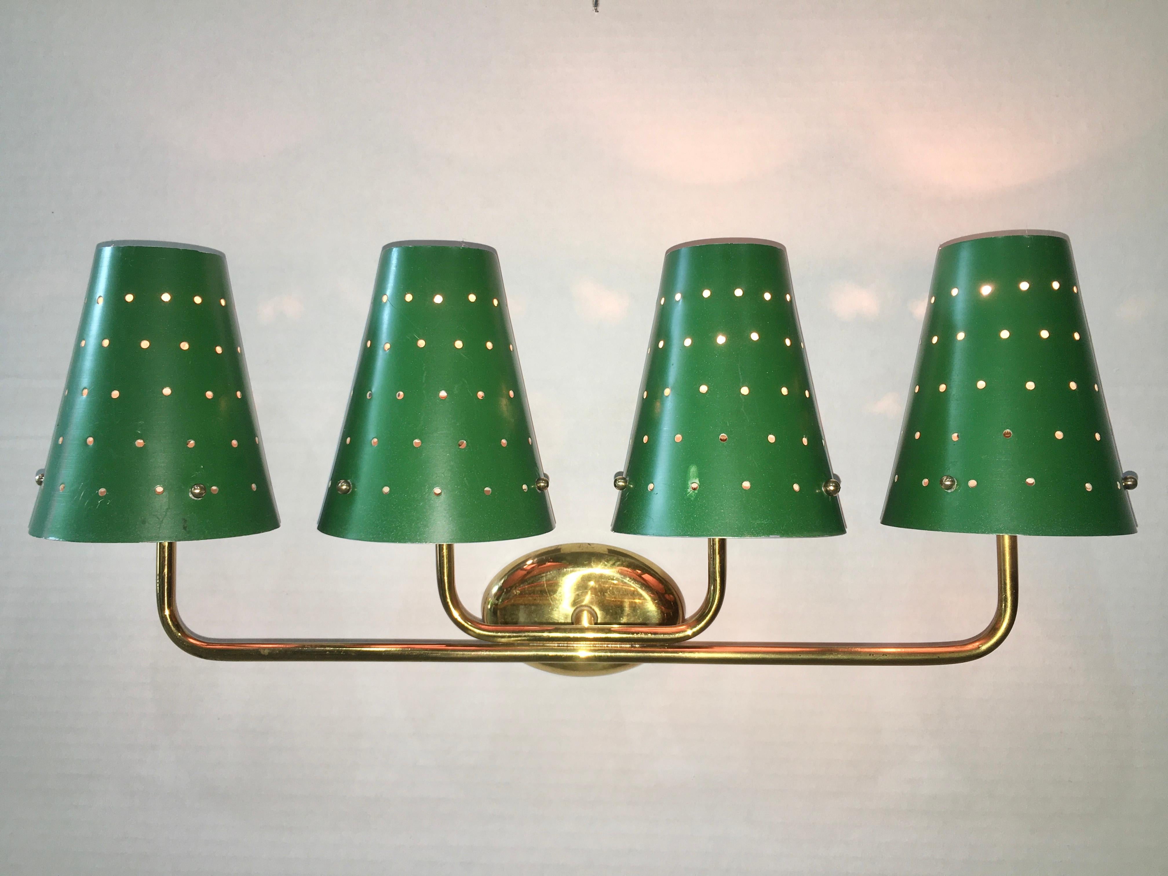 Finnish French Four-Arm Brass Sconce with Perforated Metal Shades