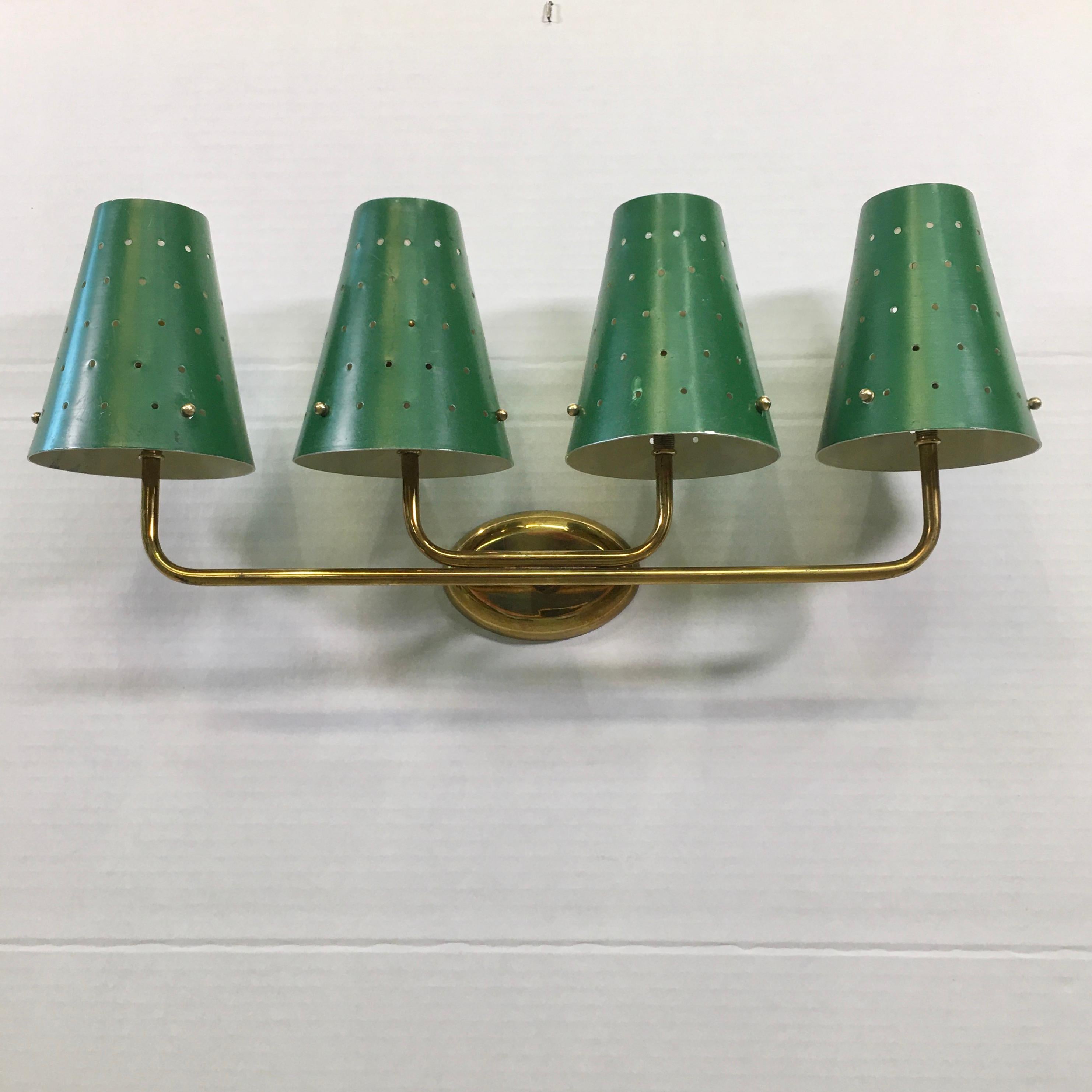 Enameled French Four-Arm Brass Sconce with Perforated Metal Shades