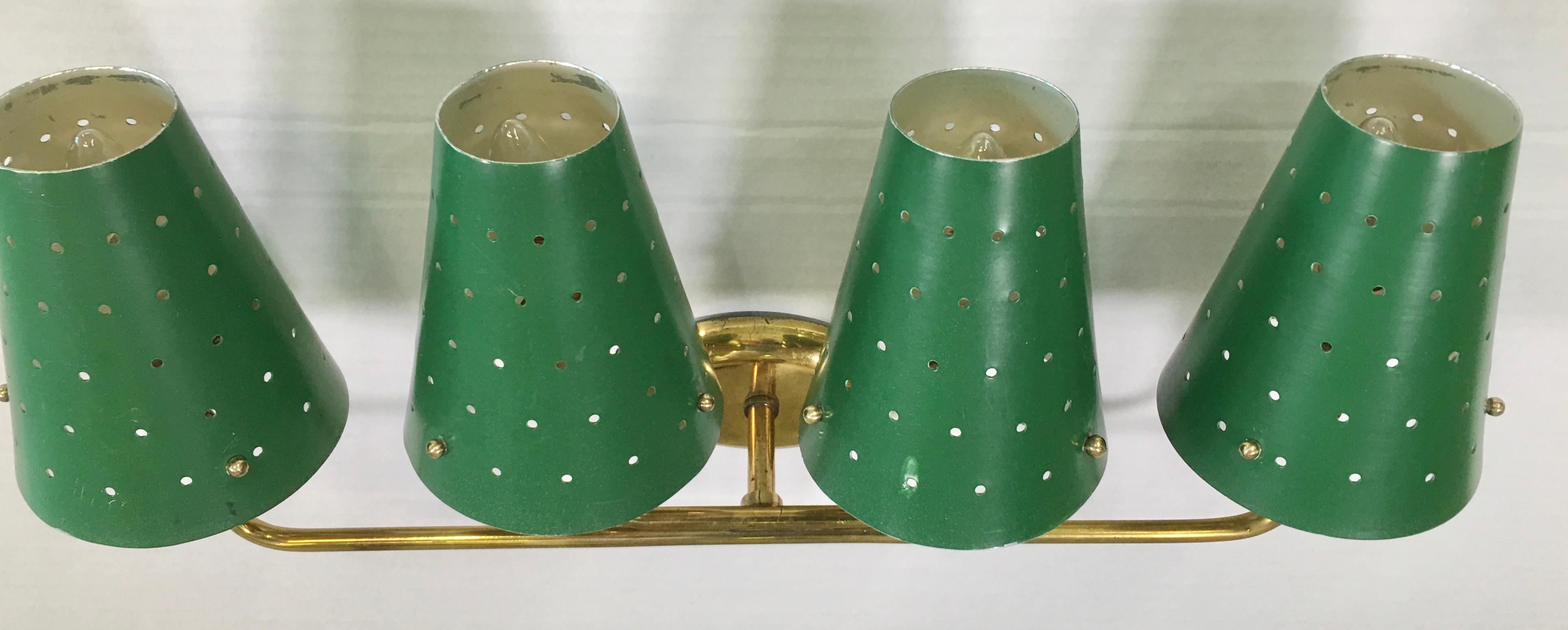 French Four-Arm Brass Sconce with Perforated Metal Shades In Good Condition In Hanover, MA