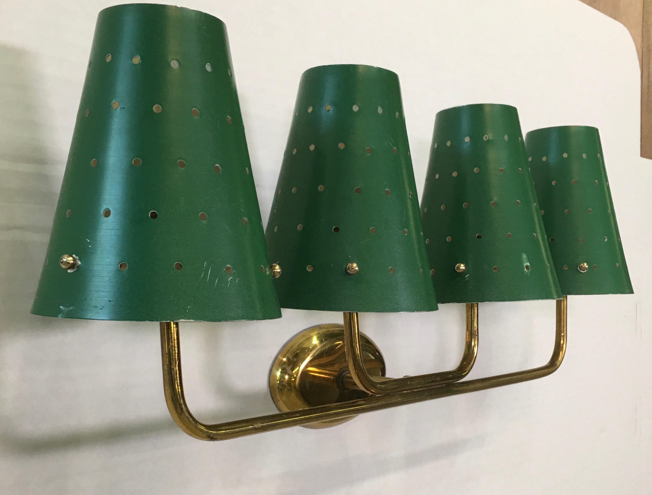 Mid-20th Century French Four-Arm Brass Sconce with Perforated Metal Shades
