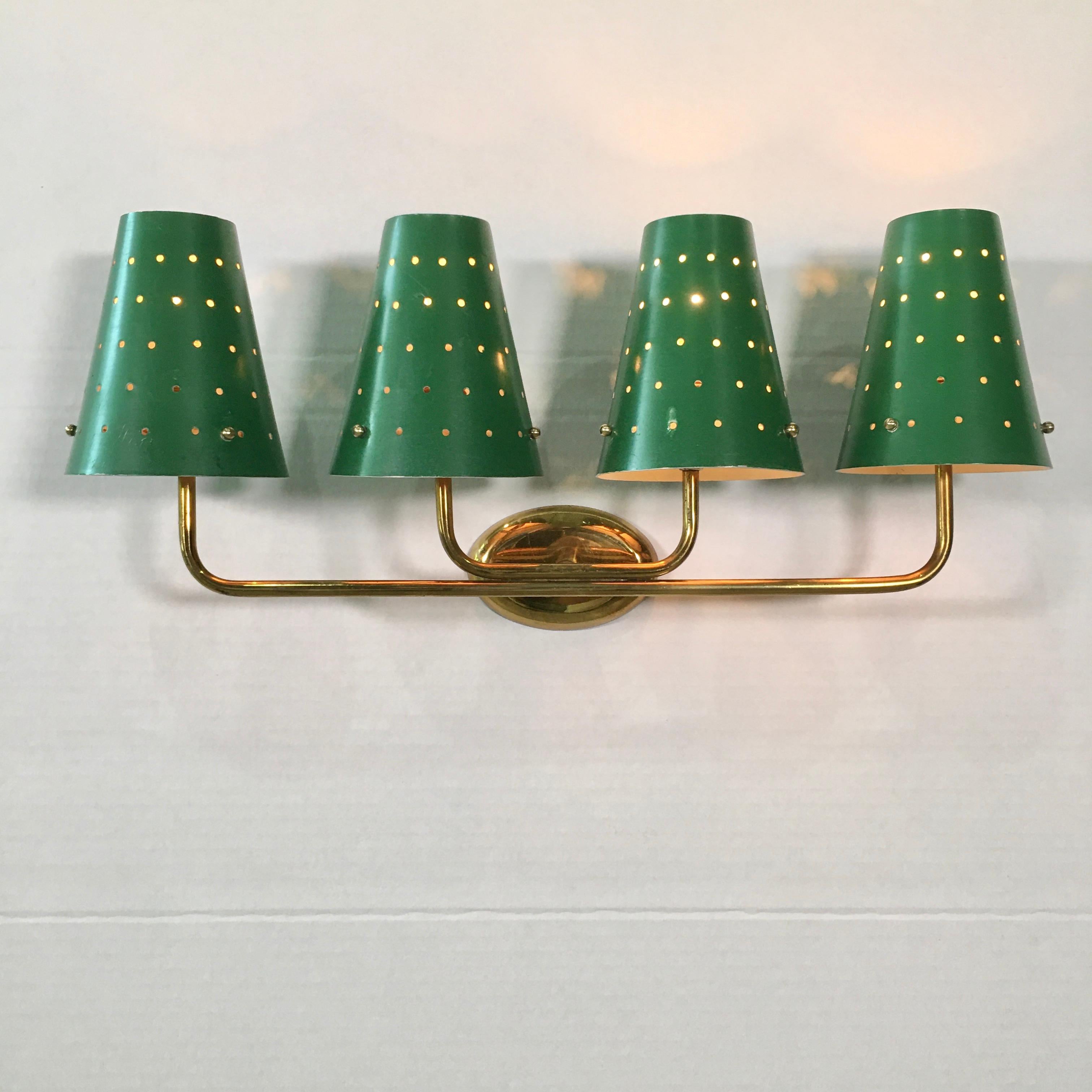 French Four-Arm Brass Sconce with Perforated Metal Shades 1
