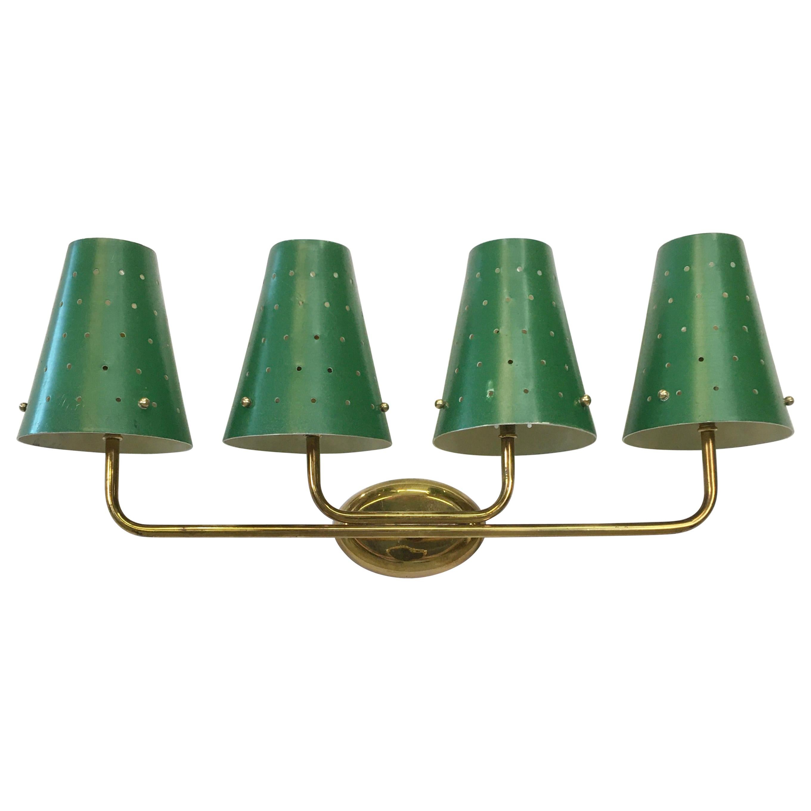 French Four-Arm Brass Sconce with Perforated Metal Shades