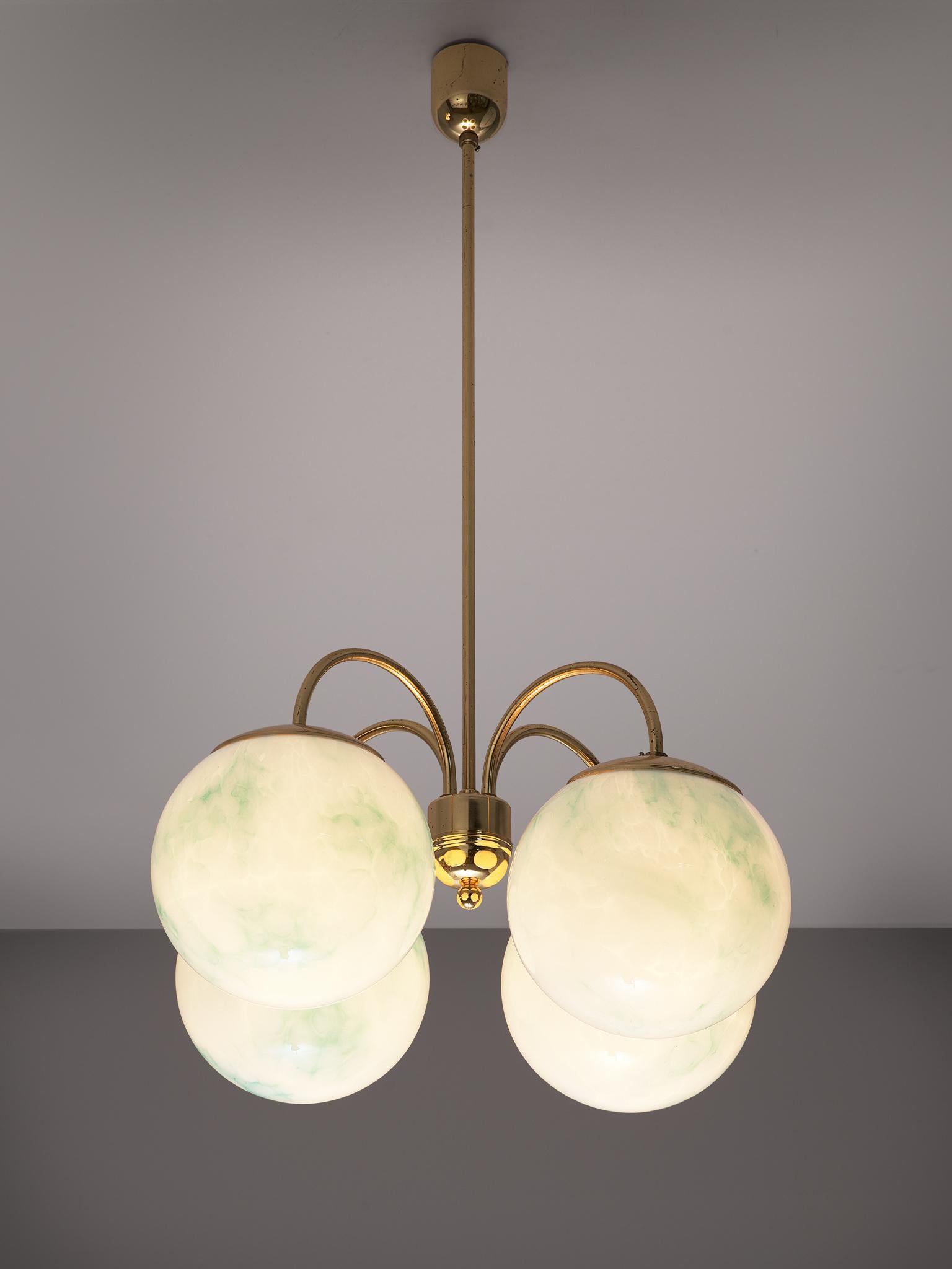 Mid-Century Modern French Four-Armed Pendants with Marble Glass Spheres