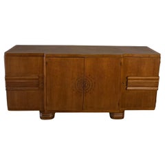 French Four Doors Oak Sideboard with Sunburst Stud Adornment