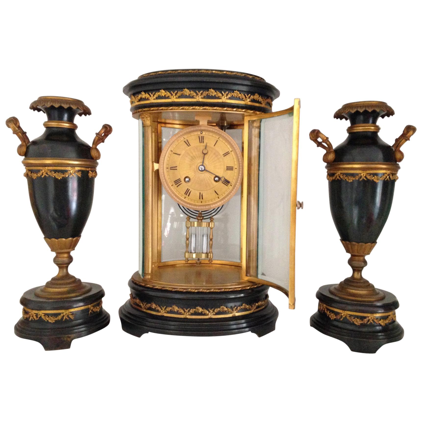 French Four Glass Library Clock Garniture, circa 1860