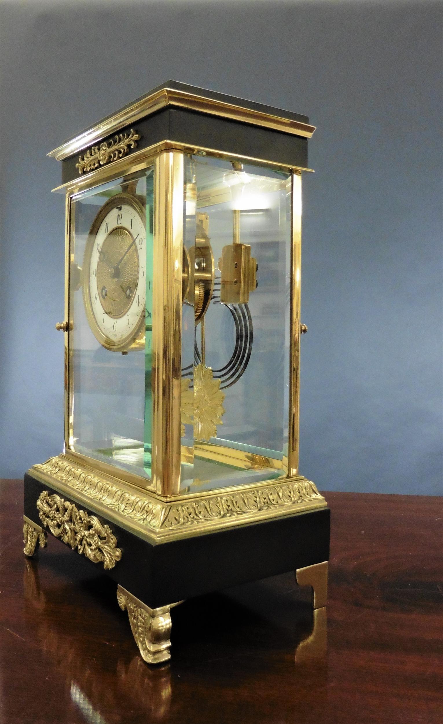 Brass French Four Glass Mantel Clock For Sale