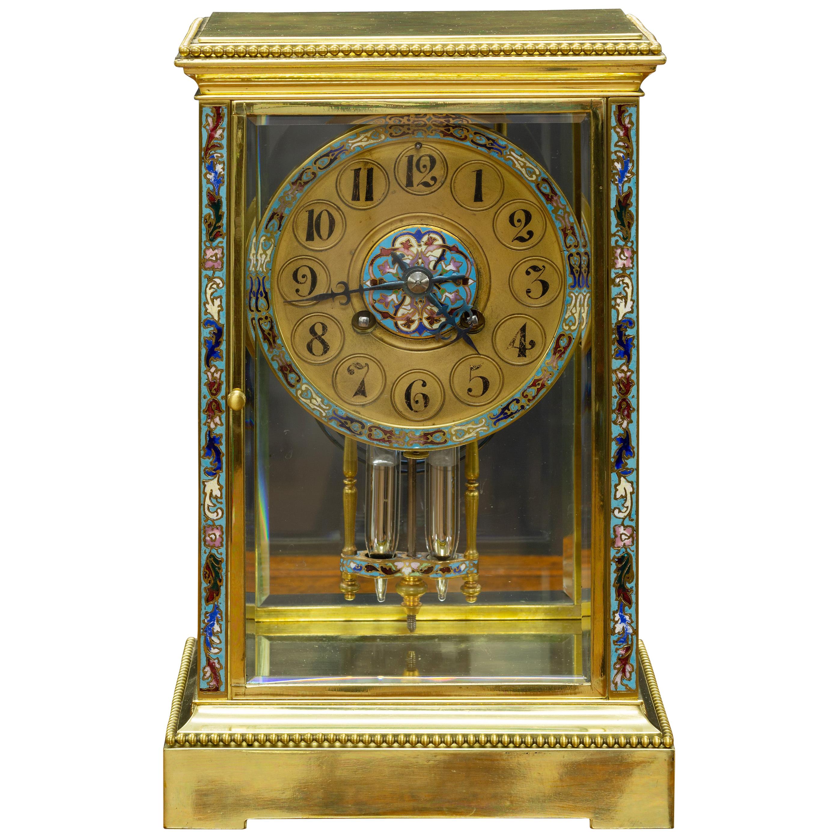 French Four Glass Mantel Clock with Champleve Decoration For Sale