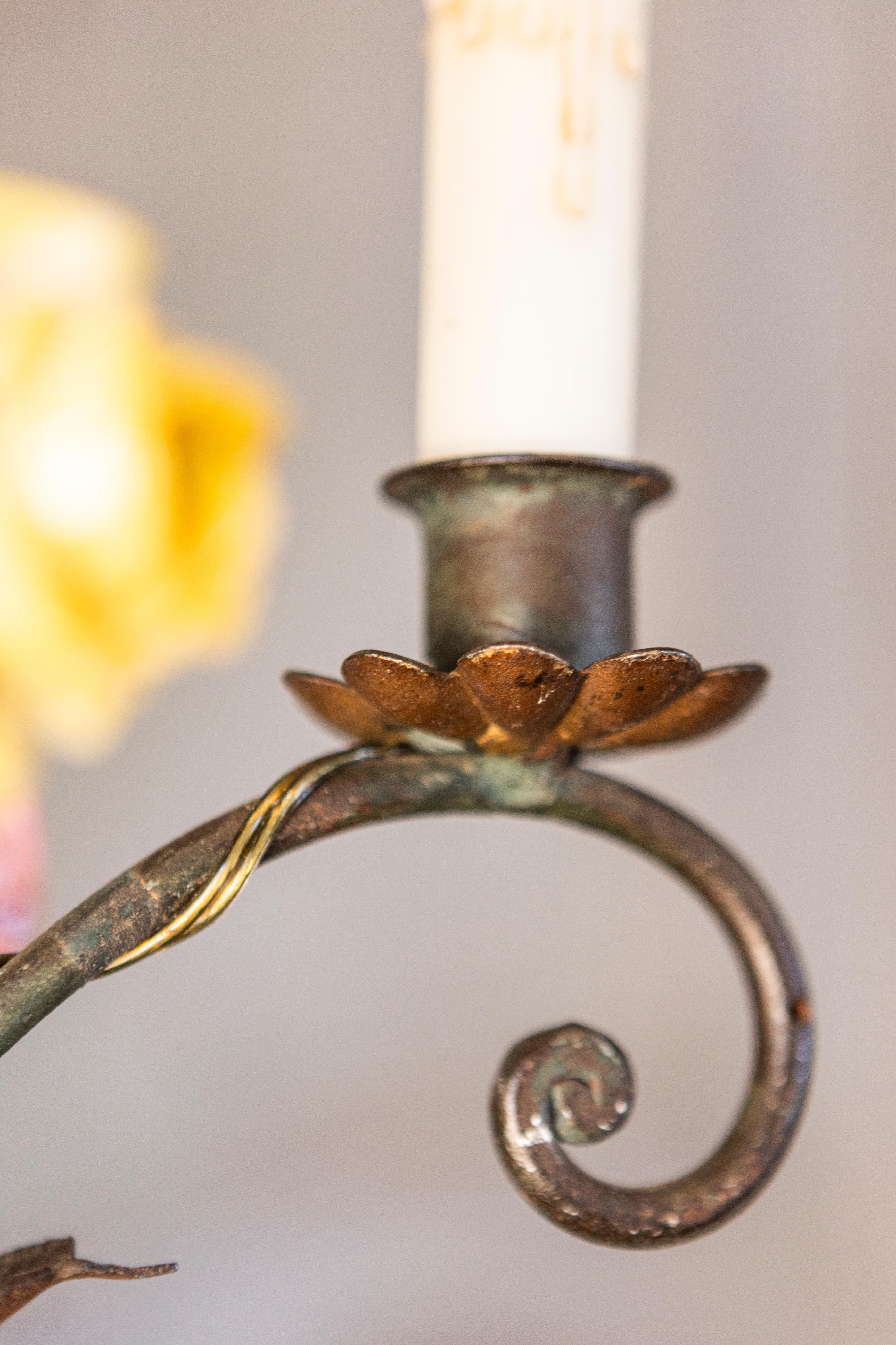 French Four-Light Chandelier with Hand-Painted Porcelain Roses and Foliage For Sale 11