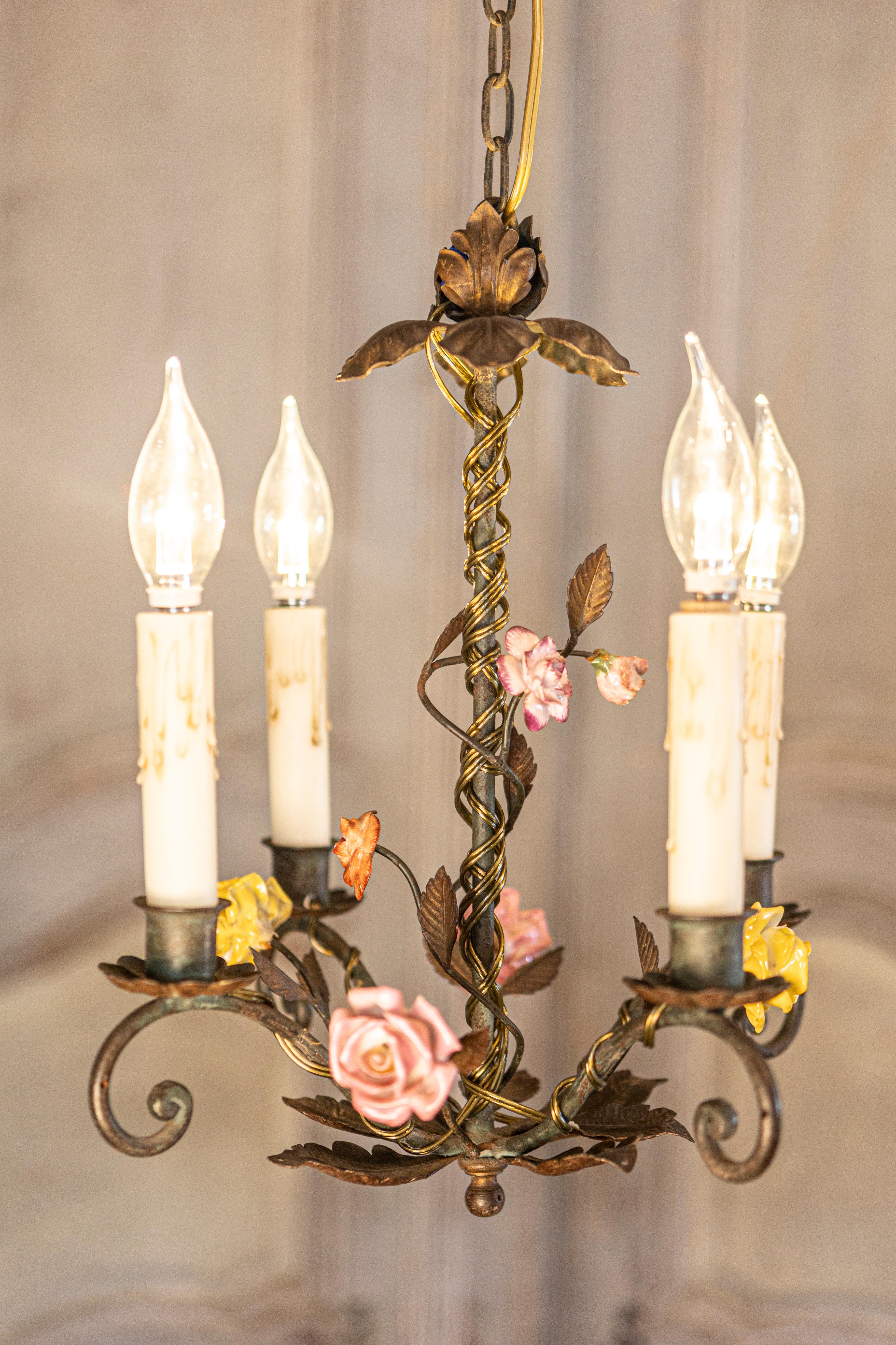 French Four-Light Chandelier with Hand-Painted Porcelain Roses and Foliage For Sale 12