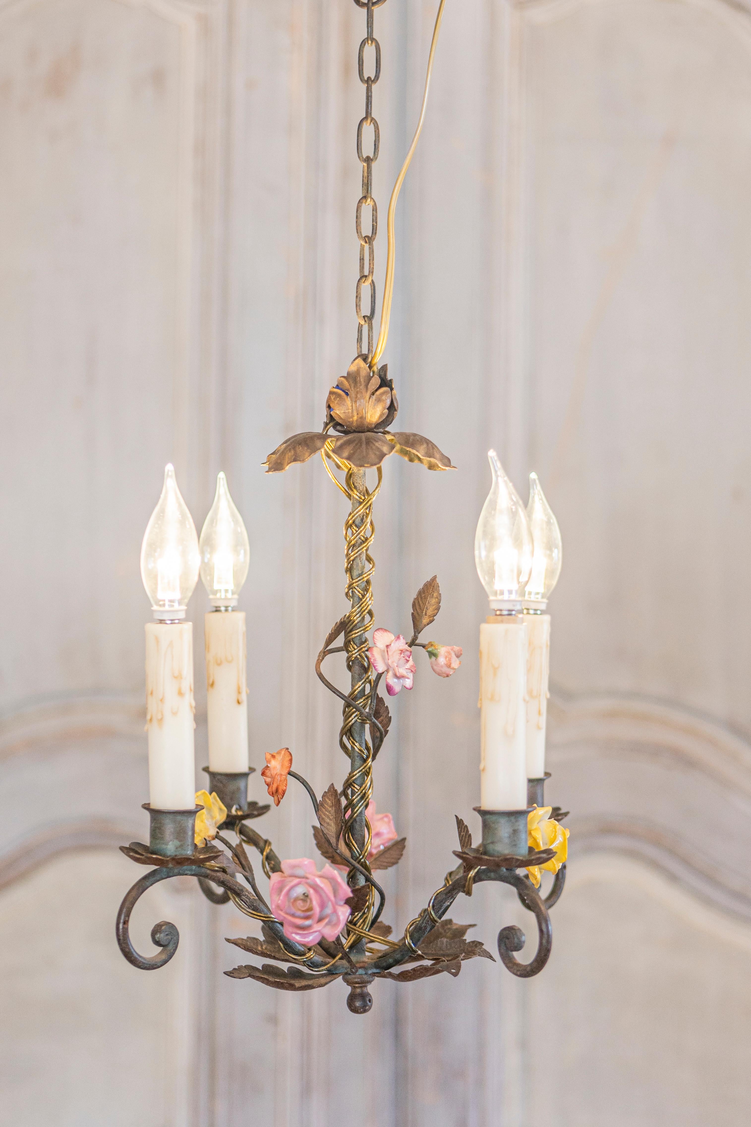 20th Century French Four-Light Chandelier with Hand-Painted Porcelain Roses and Foliage For Sale