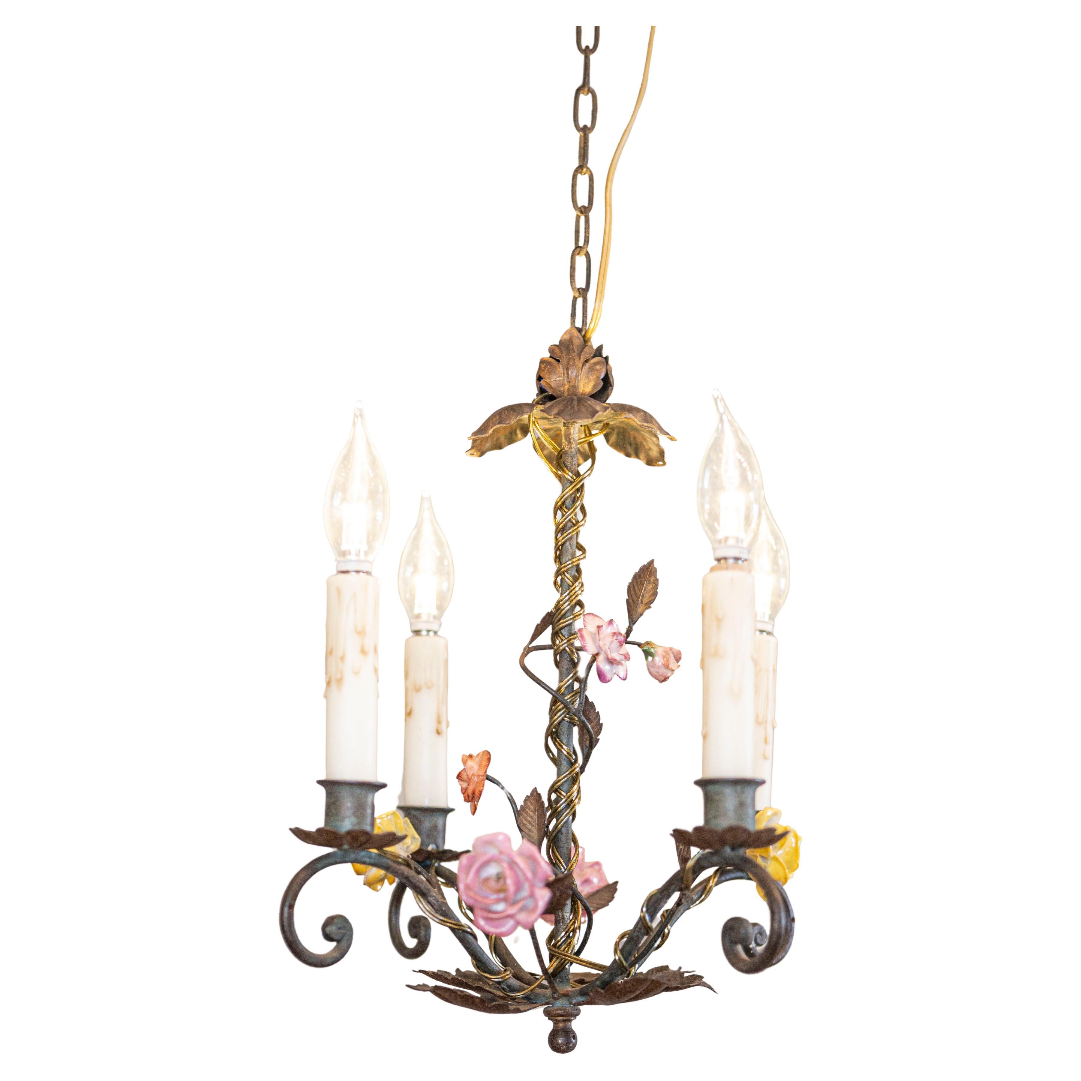 French Four-Light Chandelier with Hand-Painted Porcelain Roses and Foliage