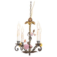 Used French Four-Light Chandelier with Hand-Painted Porcelain Roses and Foliage