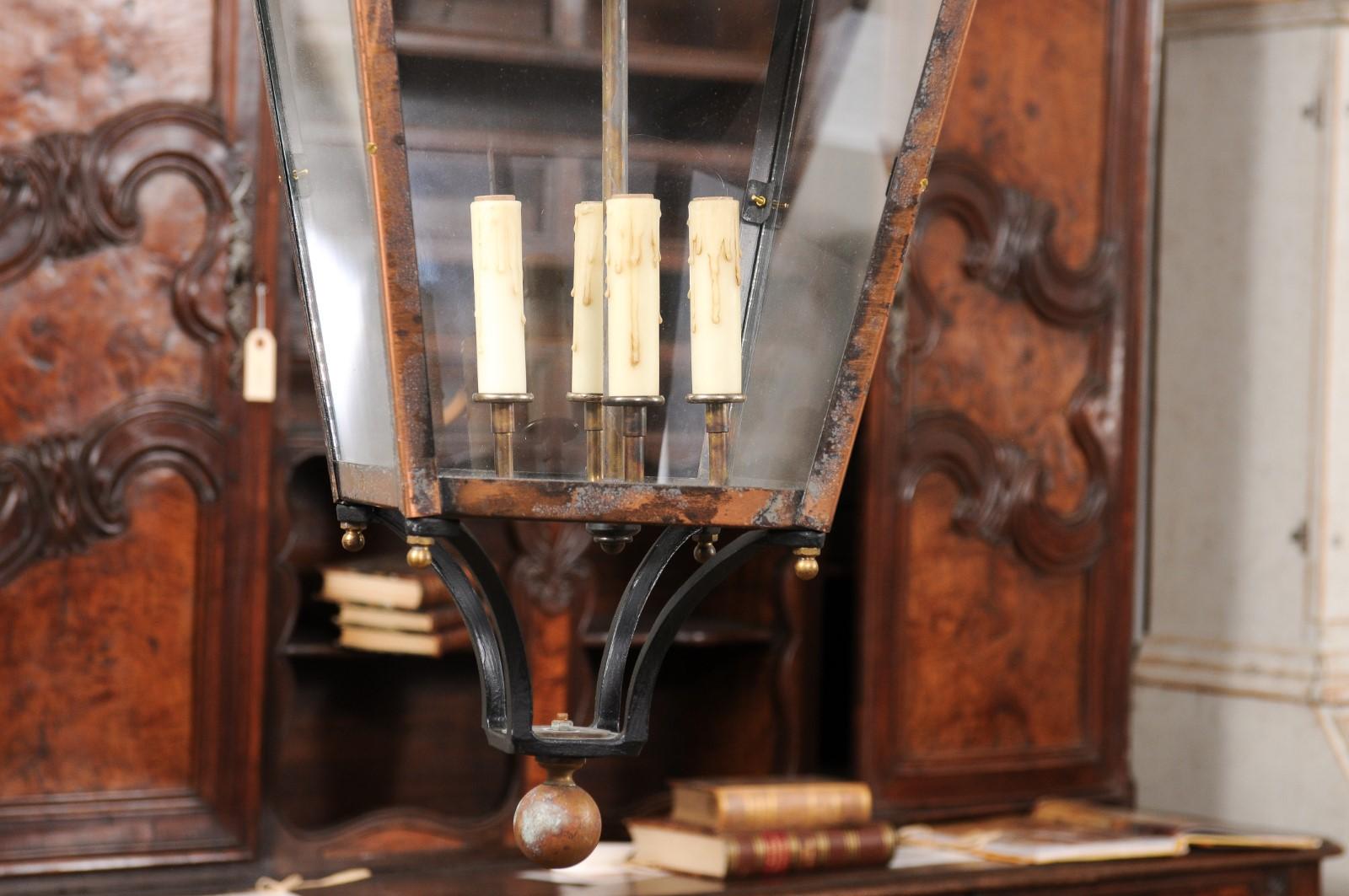 French Four-Light Copper and Glass Lanterns Wired for the USA, Sold Each 4