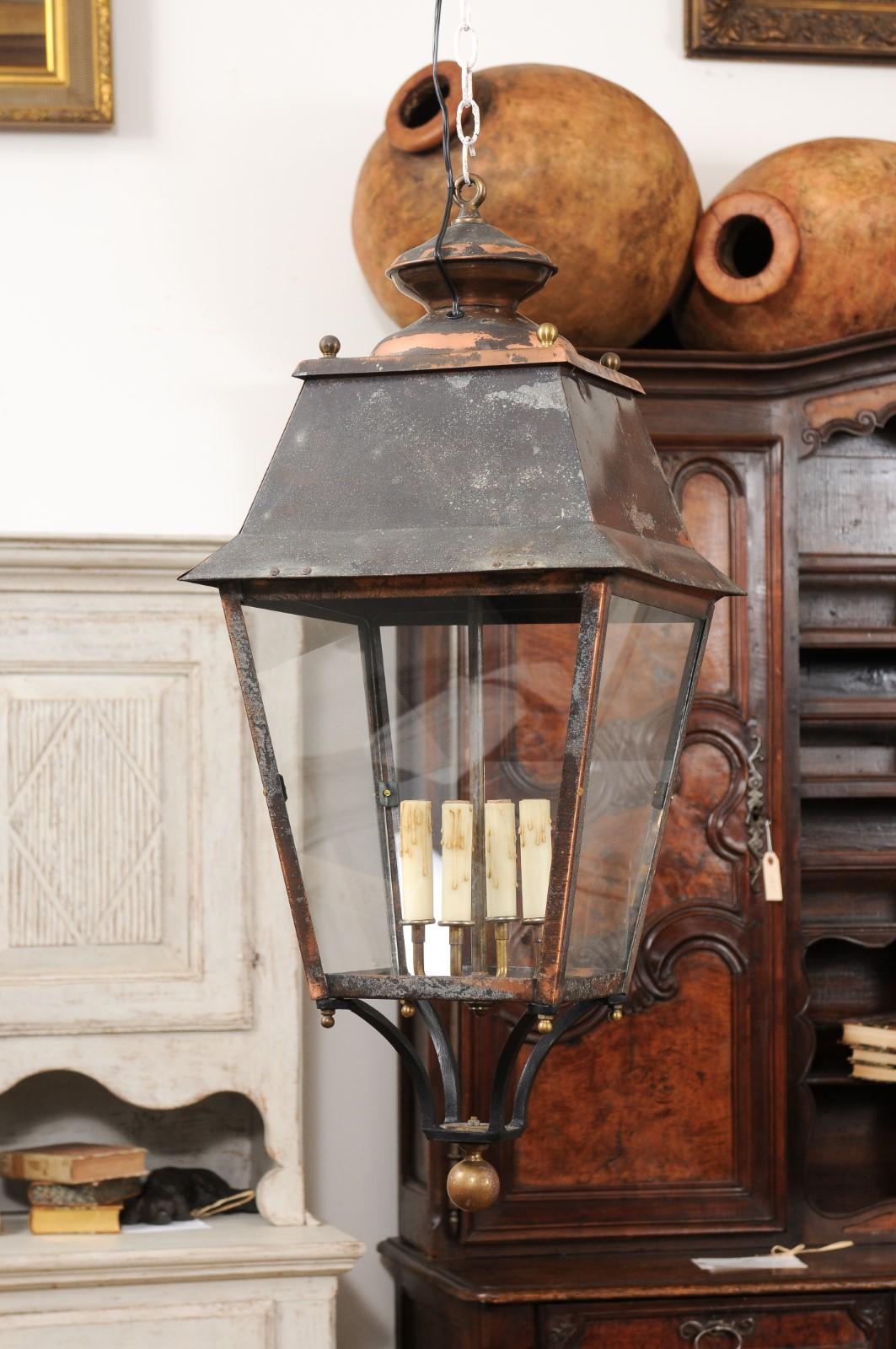French Four-Light Copper and Glass Lanterns Wired for the USA, Sold Each 5