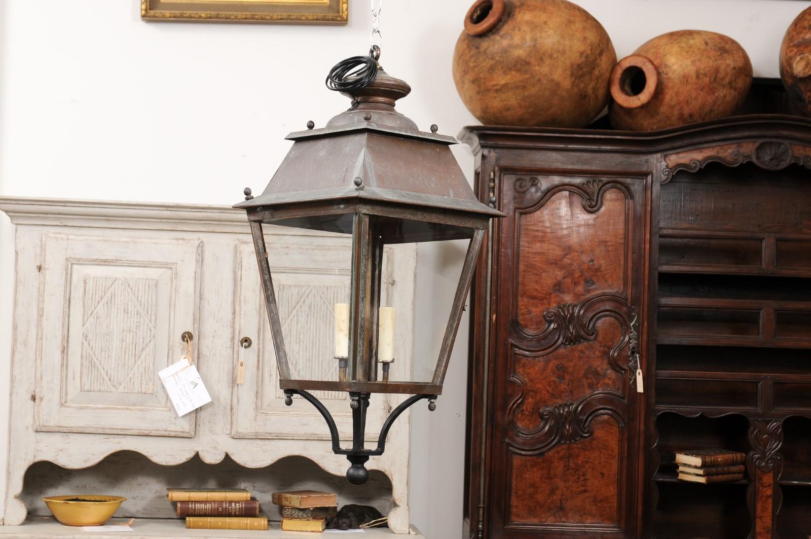 French Four-Light Copper and Glass Lanterns with Canopy, US Wired and Sold Each For Sale 3