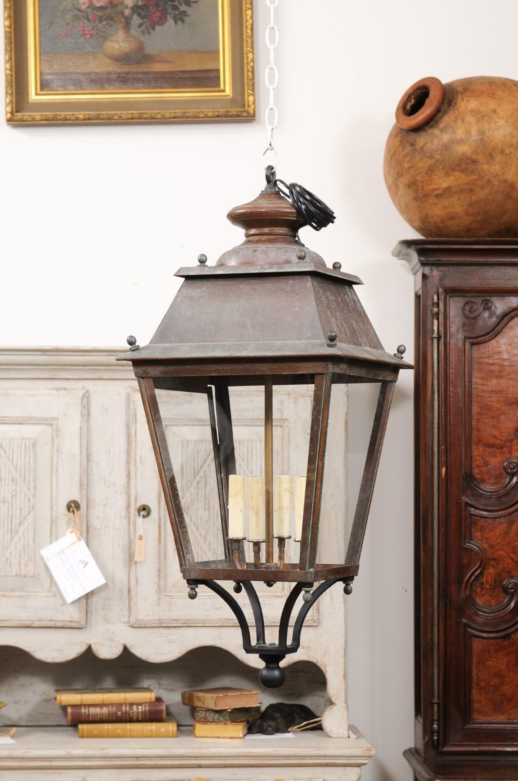 French Four-Light Copper and Glass Lanterns with Canopy, US Wired and Sold Each For Sale 5