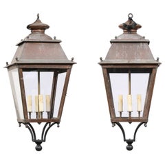 French Four-Light Copper and Glass Lanterns with Canopy, US Wired and Sold Each French Four-Light Copper and Glass Lanterns with Canopy, US Wired and Sold Each