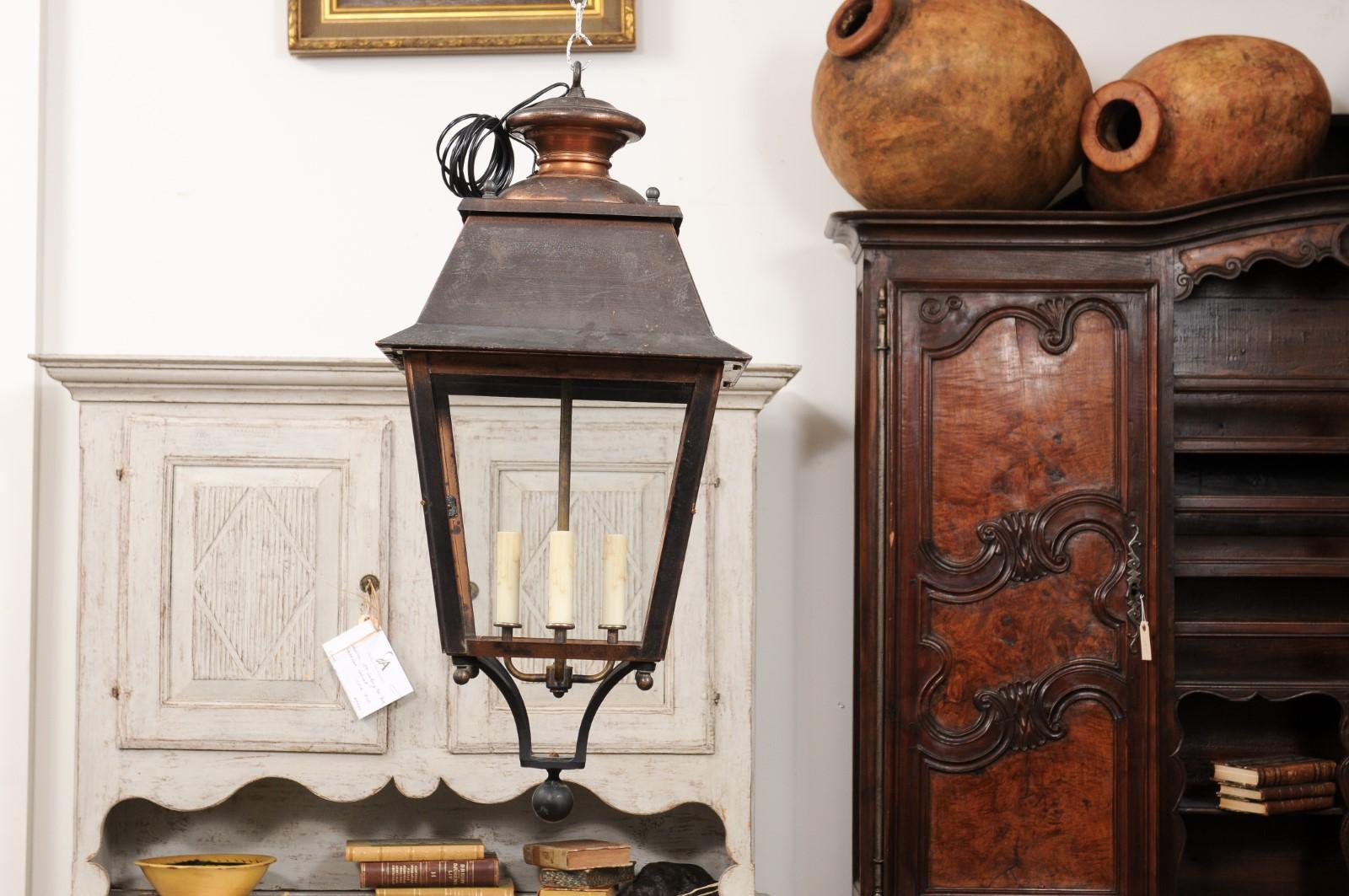 French Four-Light Copper and Glass Tapering Lantern USA Wired For Sale 6