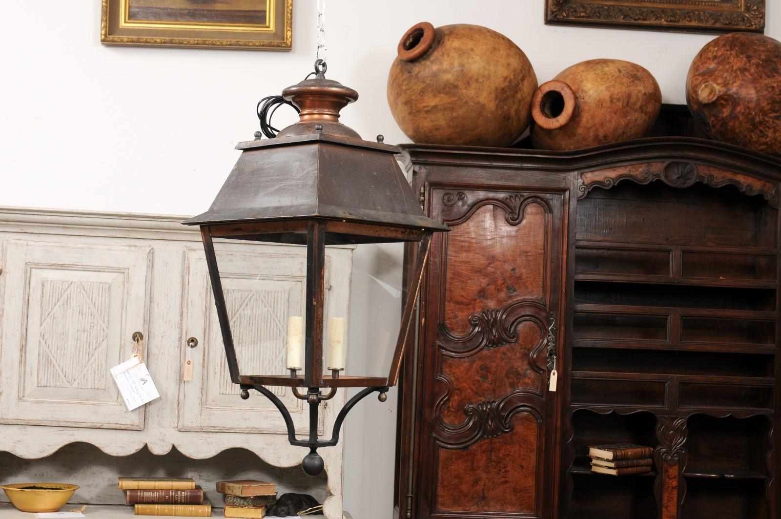 French Four-Light Copper and Glass Tapering Lantern USA Wired For Sale 7