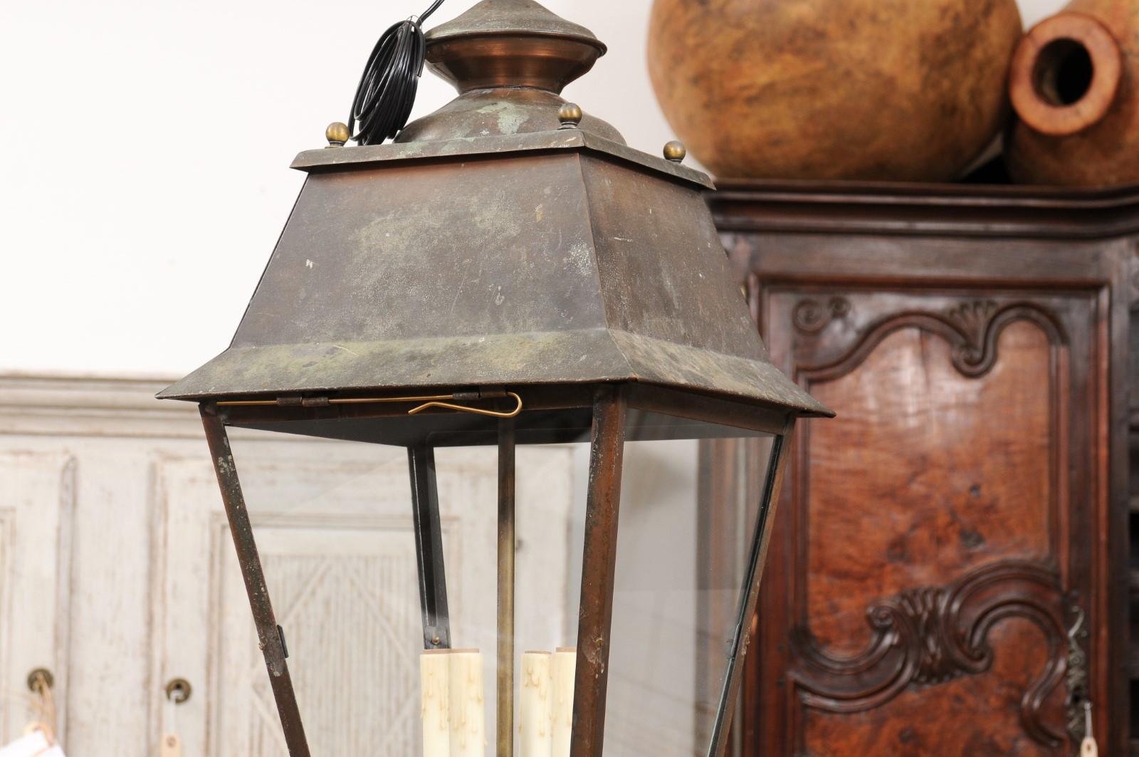 French Four-Light Copper and Glass Tapering Lantern USA Wired For Sale 7
