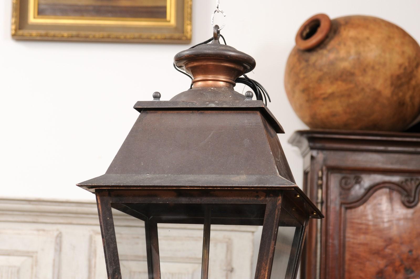 French Four-Light Copper and Glass Tapering Lantern USA Wired In Good Condition For Sale In Atlanta, GA