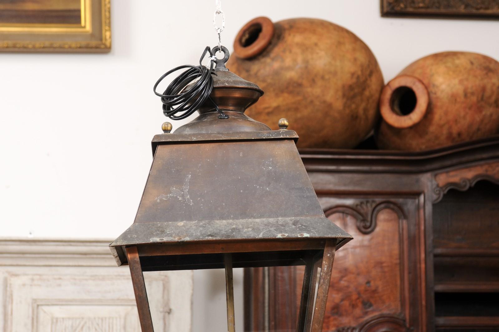 French Four-Light Copper and Glass Tapering Lantern USA Wired In Good Condition For Sale In Atlanta, GA