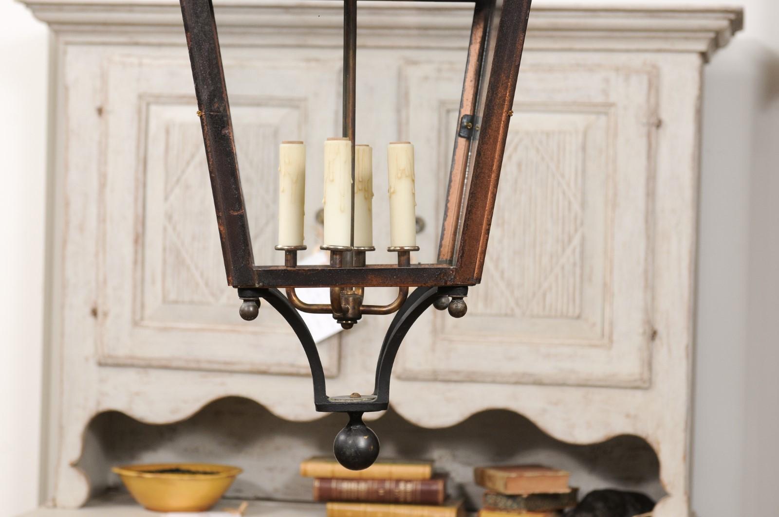 20th Century French Four-Light Copper and Glass Tapering Lantern USA Wired For Sale