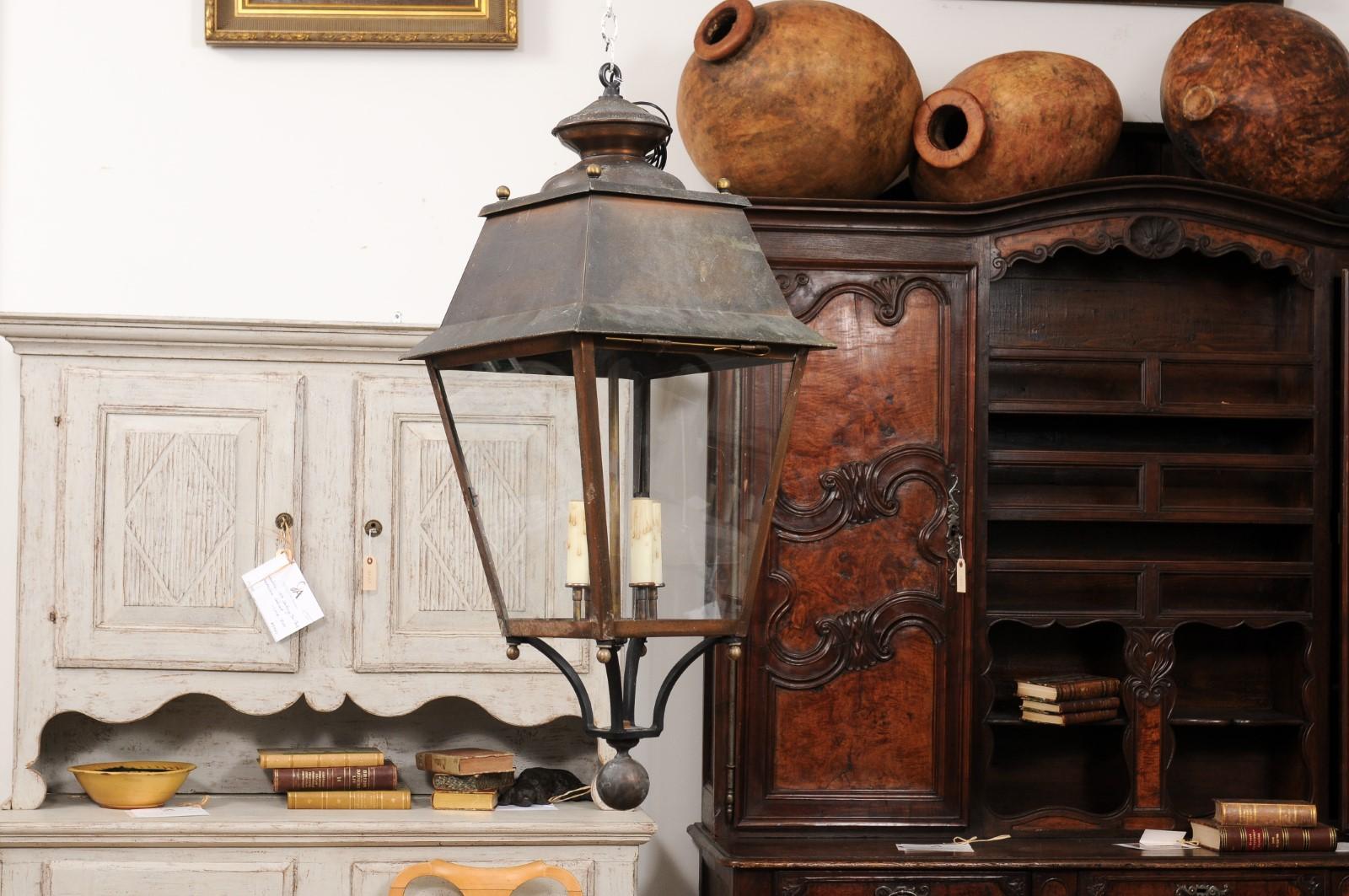 20th Century French Four-Light Copper and Glass Tapering Lantern USA Wired For Sale