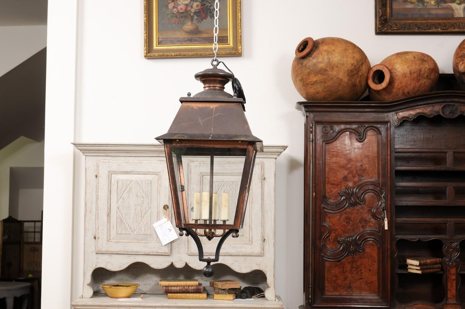 French Four-Light Copper and Glass Tapering Lantern USA Wired For Sale 1