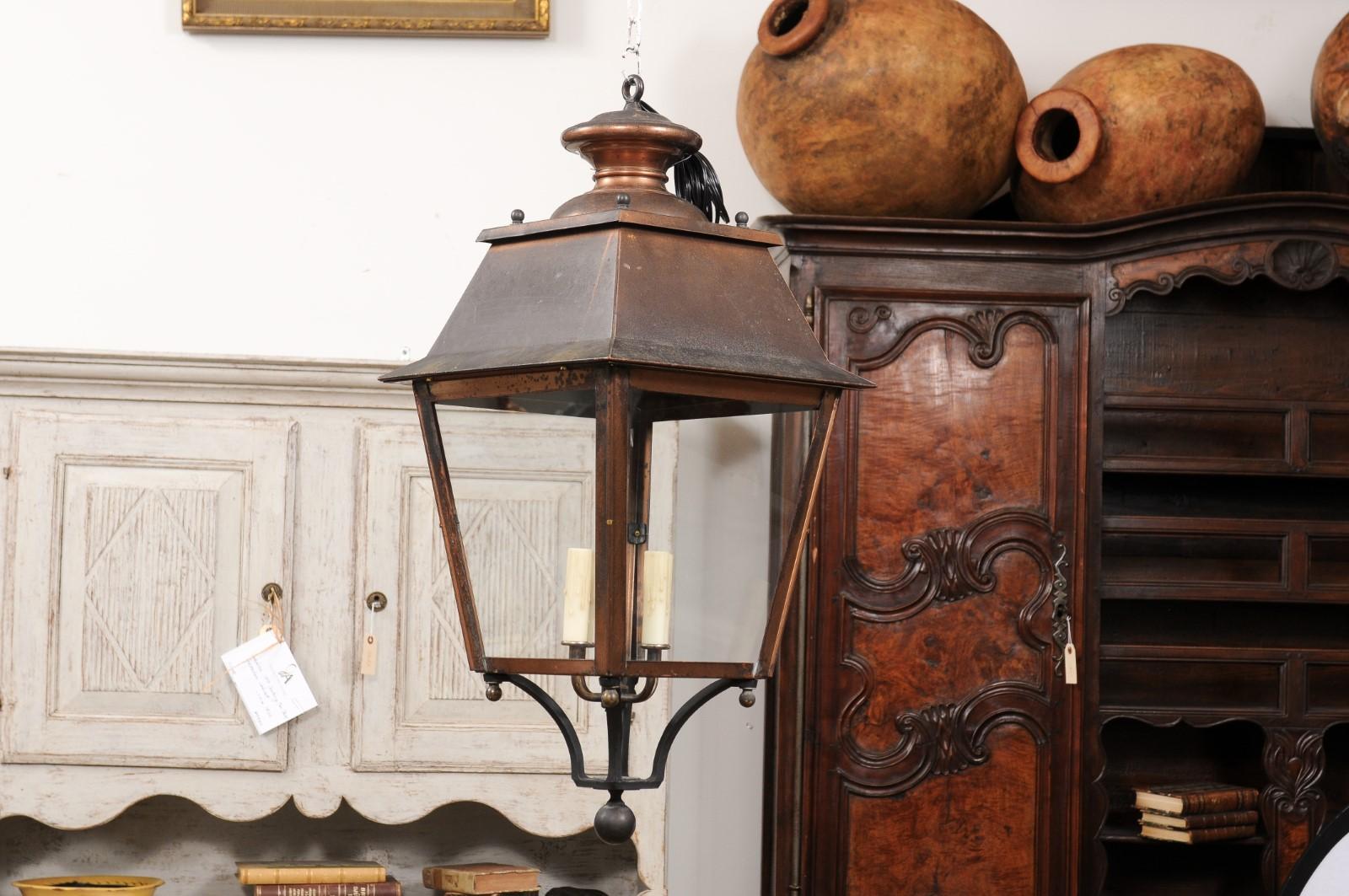 French Four-Light Copper and Glass Tapering Lantern USA Wired For Sale 2