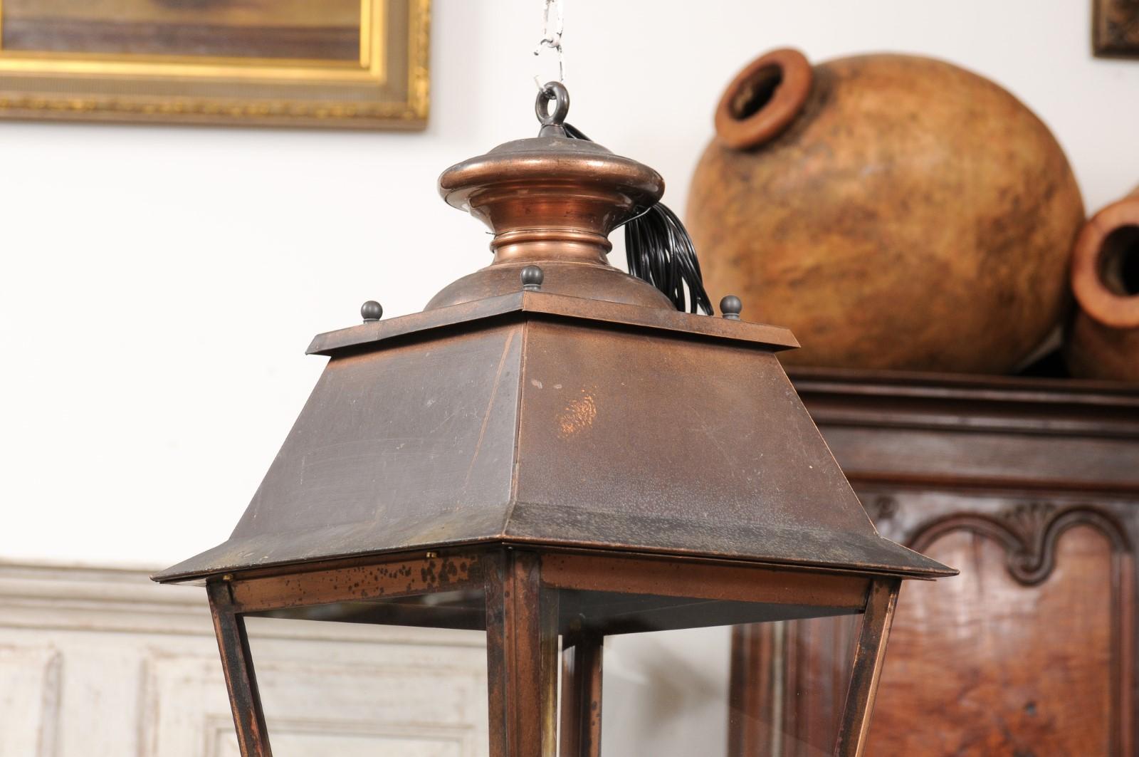 French Four-Light Copper and Glass Tapering Lantern USA Wired For Sale 3