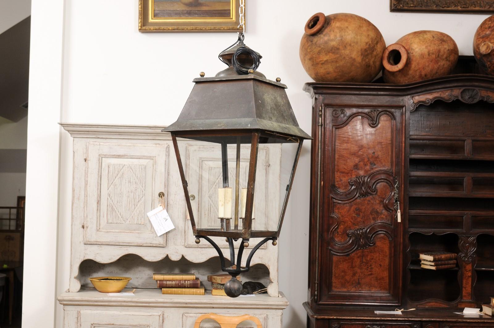 French Four-Light Copper and Glass Tapering Lantern USA Wired For Sale 3