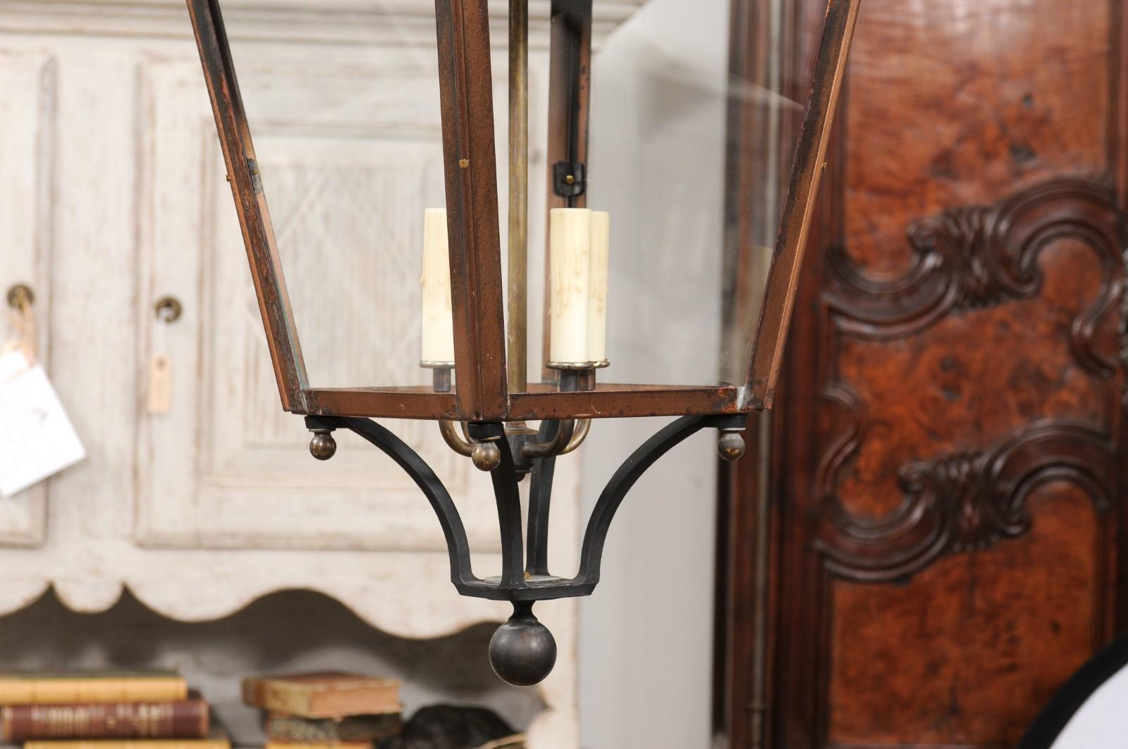 French Four-Light Copper and Glass Tapering Lantern USA Wired For Sale 4