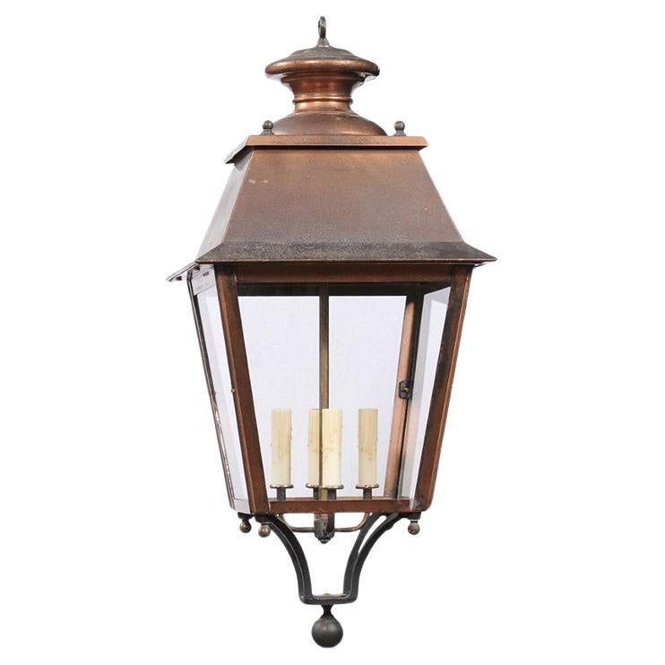French Four-Light Copper and Glass Tapering Lantern USA Wired For Sale