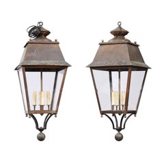 Antique French Four-Light Copper and Glass Tapering Lanterns USA Wired, Priced Each