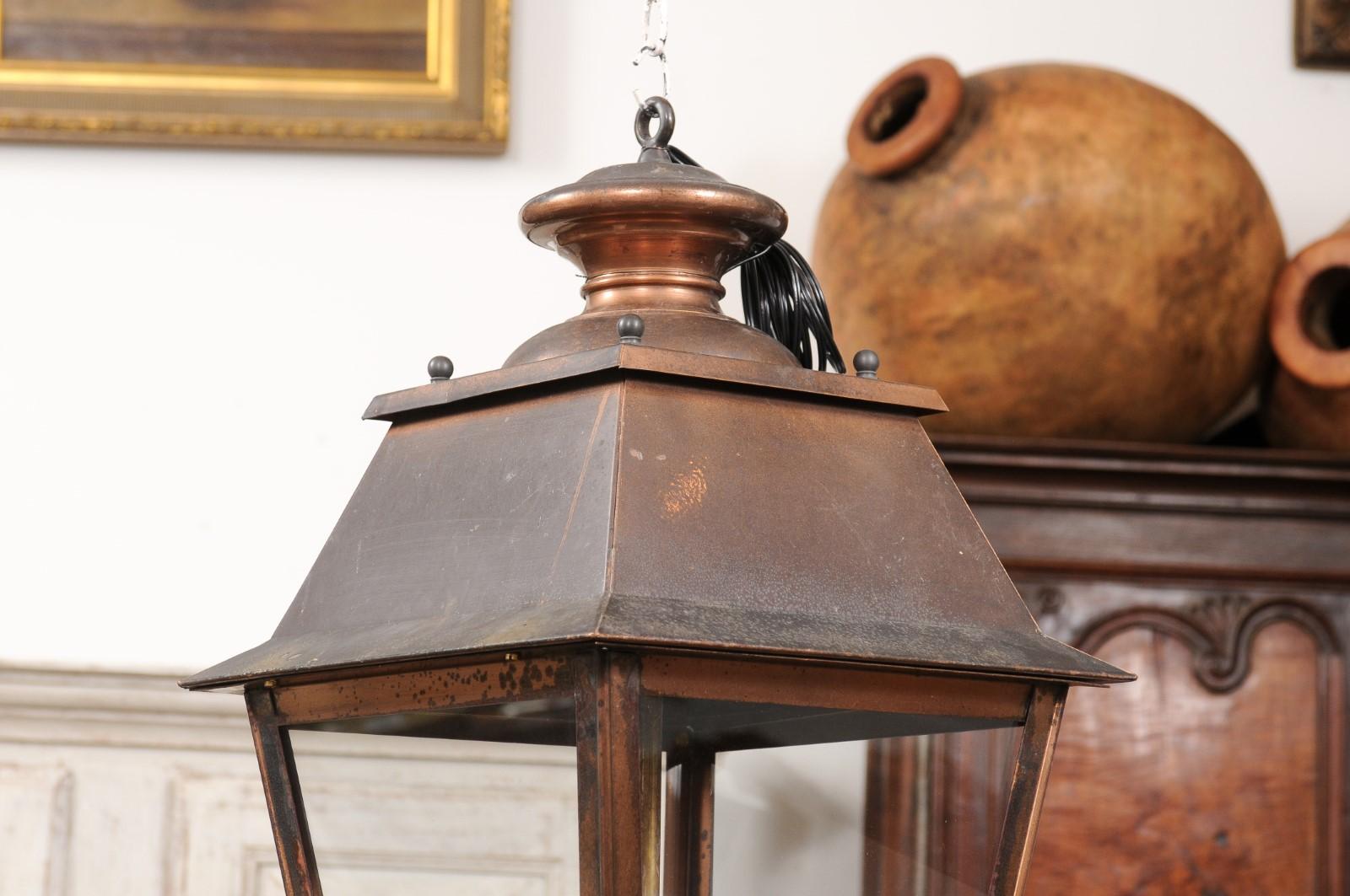 20th Century French Four-Light Copper and Glass Tapering Lanterns USA Wired, Two Priced Each For Sale