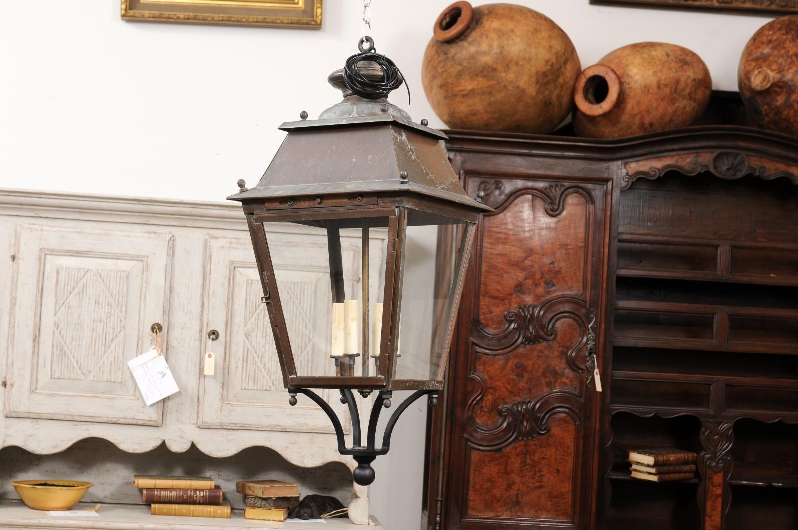 French Four-Light Glass and Copper Lanterns with Patina, US Wired and Sold Each For Sale 7