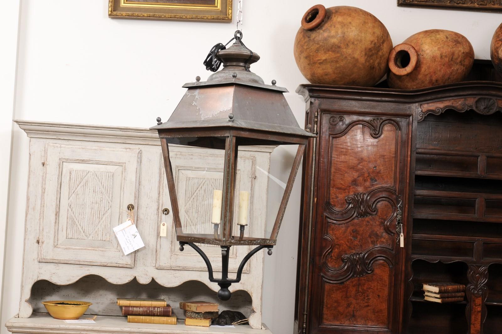 French Four-Light Glass and Copper Lanterns with Patina, US Wired and Sold Each For Sale 8