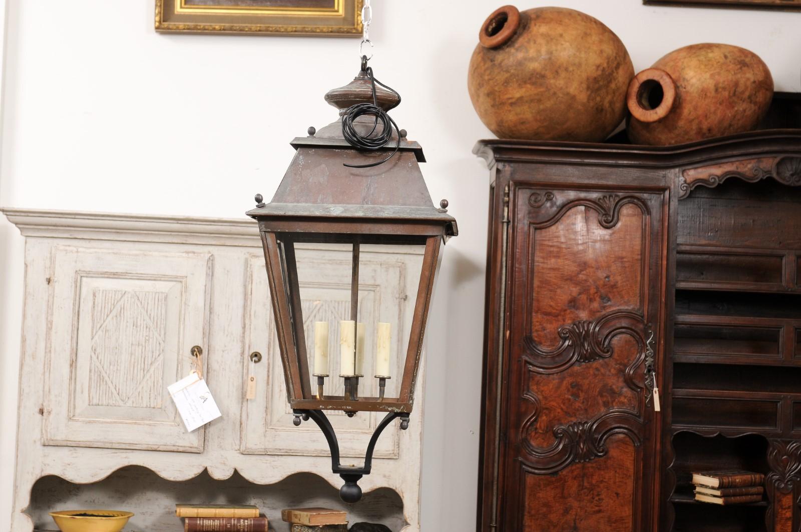 French Four-Light Glass and Copper Lanterns with Patina, US Wired and Sold Each For Sale 9