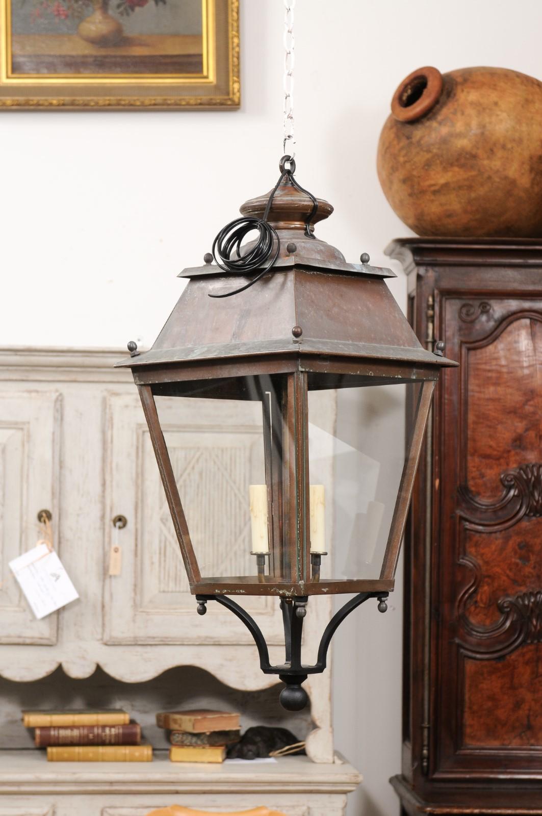 French Four-Light Glass and Copper Lanterns with Patina, US Wired and Sold Each In Good Condition For Sale In Atlanta, GA