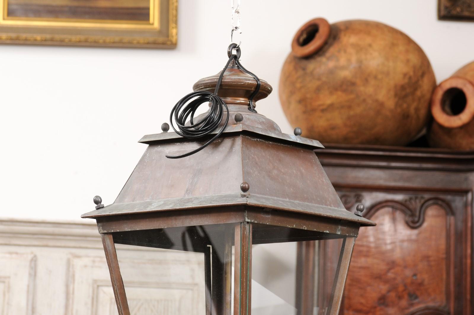 French Four-Light Glass and Copper Lanterns with Patina, US Wired and Sold Each For Sale 1