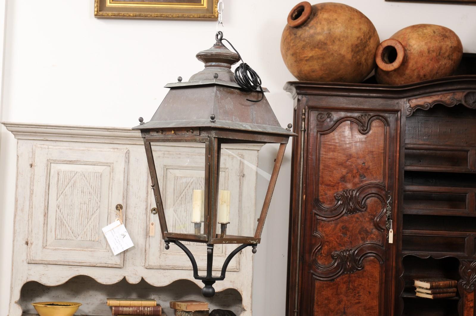 French Four-Light Glass and Copper Lanterns with Patina, US Wired and Sold Each For Sale 2