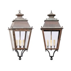 Vintage French Four-Light Glass and Copper Lanterns with Patina, US Wired and Sold Each