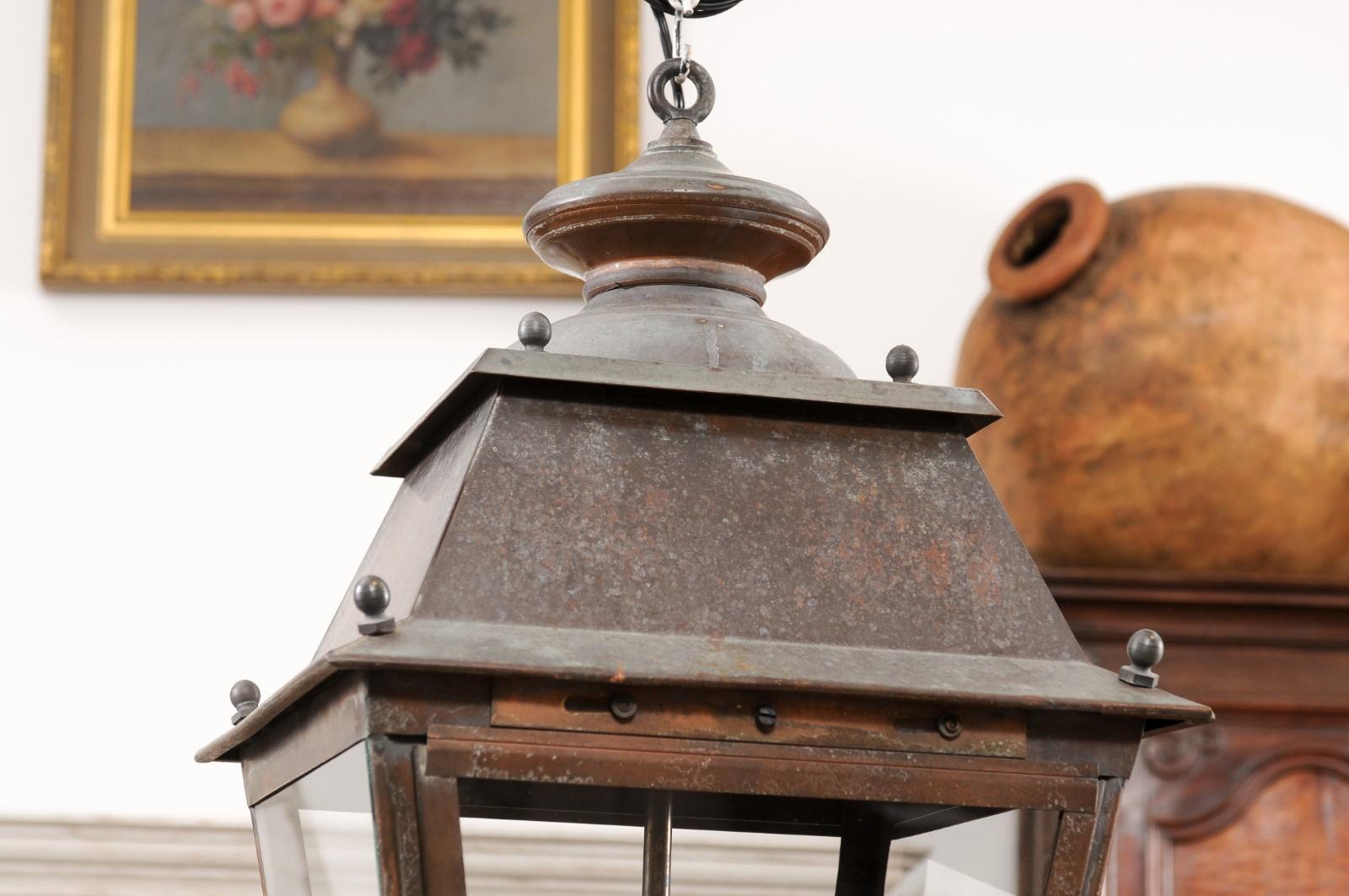 French Four-Light Glass and Copper US Wired Lanterns with Patina, Sold Each 6