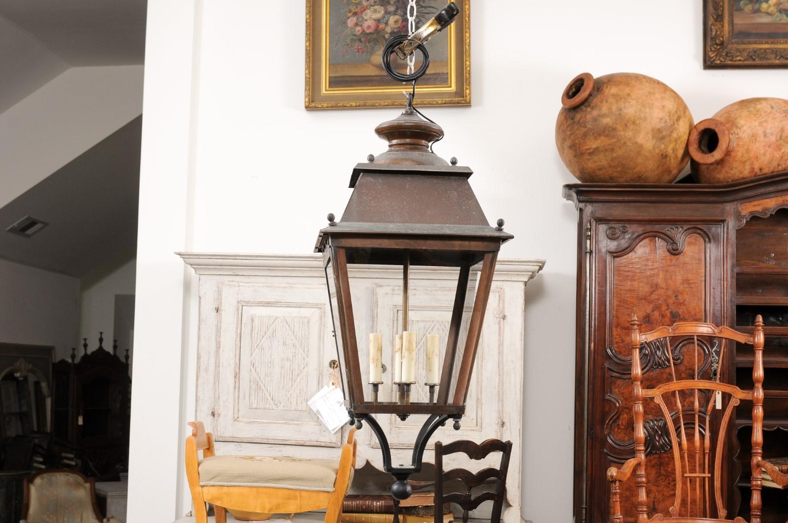 French Four-Light Glass and Copper US Wired Lanterns with Patina, Sold Each In Good Condition In Atlanta, GA