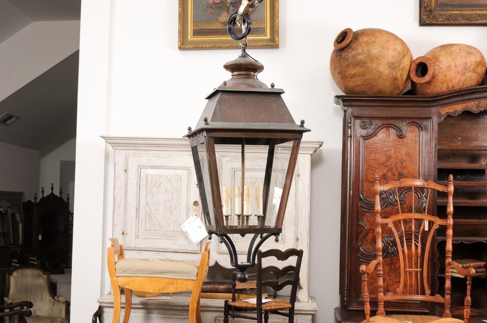 20th Century French Four-Light Glass and Copper US Wired Lanterns with Patina, Sold Each
