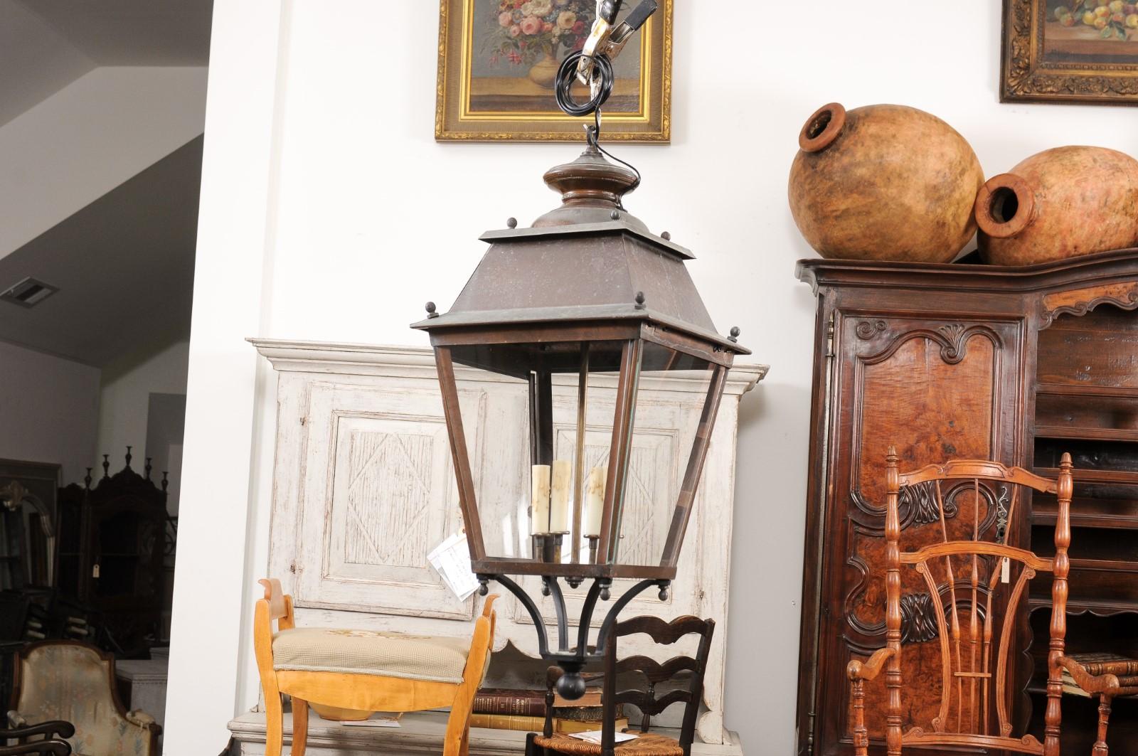 French Four-Light Glass and Copper US Wired Lanterns with Patina, Sold Each 2