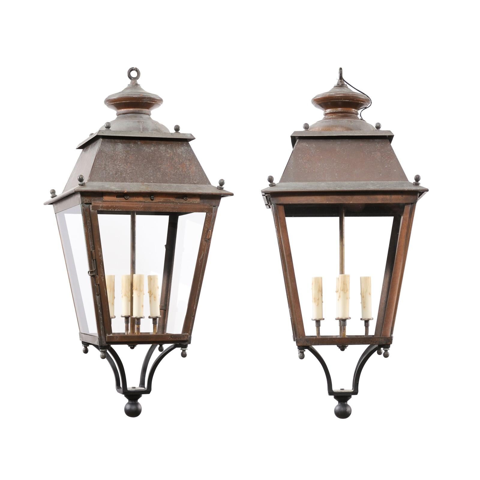 French Four-Light Glass and Copper US Wired Lanterns with Patina, Sold Each 3