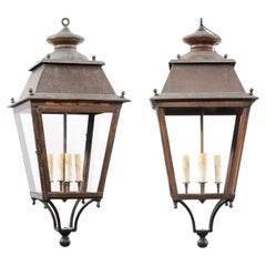 Vintage French Four-Light Glass and Copper US Wired Lanterns with Patina, Sold Each